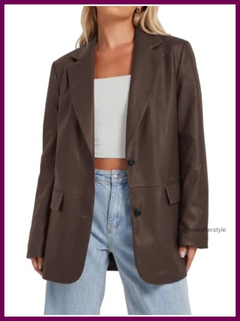 Faux Leather Blazer Jacket Loose Fit Notch Lapel Button Down Flap Pockets